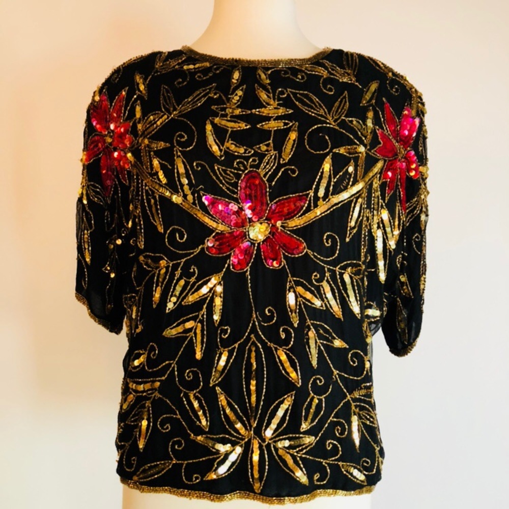 Vintage Floral Sequin Silk Retro Top M